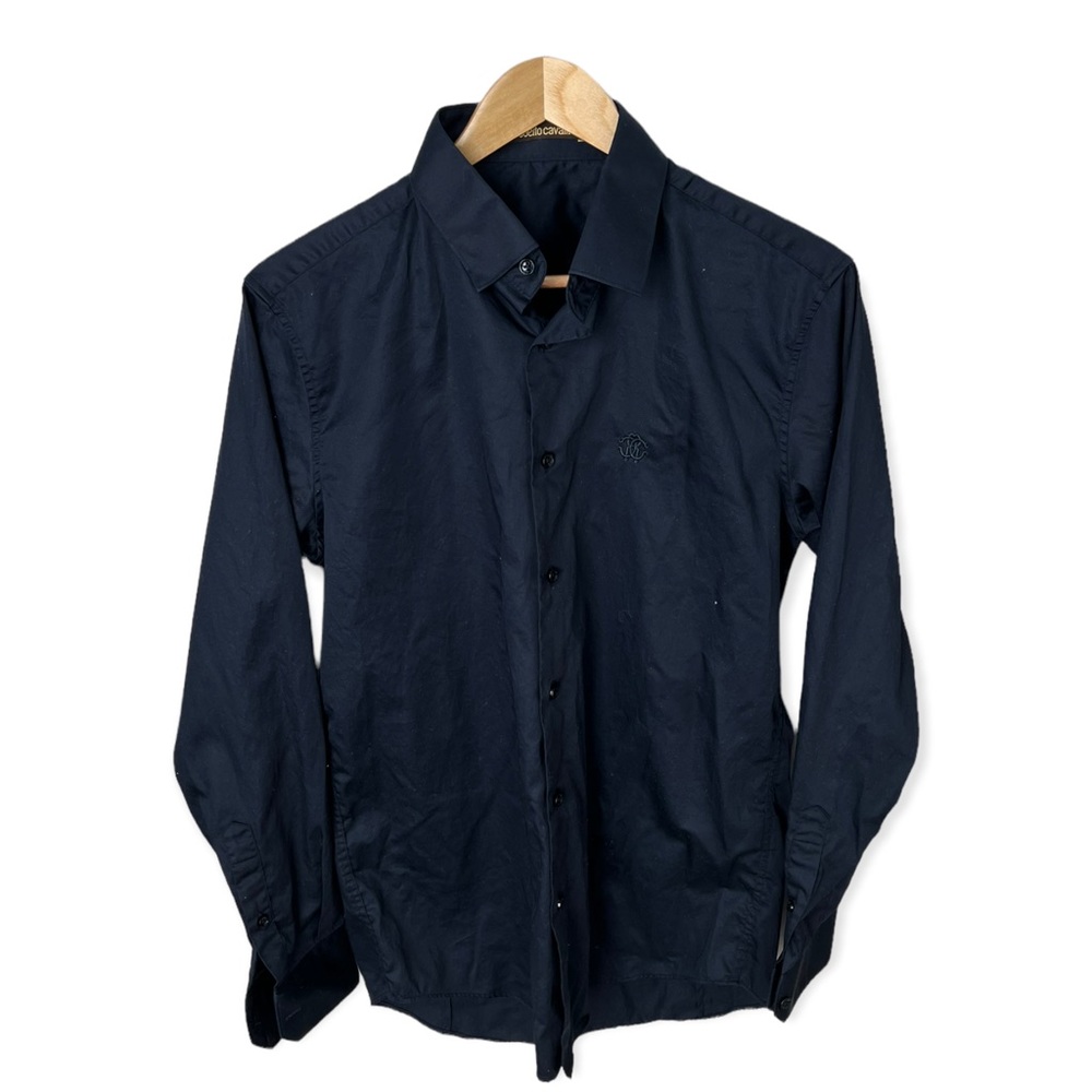 Roberto Cavalli Dress Shirt Size 42 - 16 1/2 Navy Blue Logo Embroidered